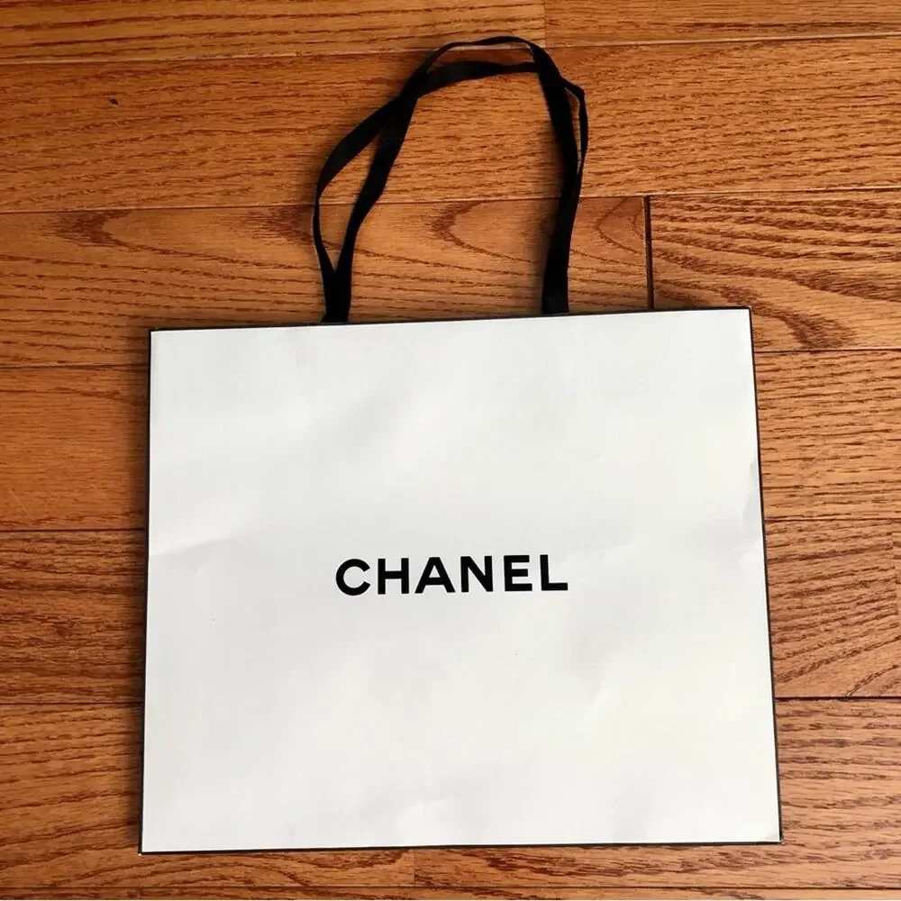 Chanel Authentic Bundle of Two White Paper Shopping Bags with Black Handles